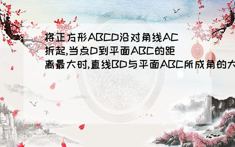 将正方形ABCD沿对角线AC折起,当点D到平面ABC的距离最大时,直线BD与平面ABC所成角的大小