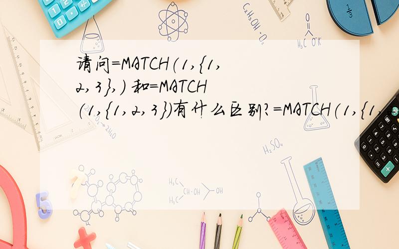 请问=MATCH(1,{1,2,3},) 和=MATCH(1,{1,2,3})有什么区别?=MATCH(1,{1,2,3},) =MATCH(1,{1,2,3})请问这两个函数有什么区别?请不要粘贴帮助文件,我的意思是有,和没有,省略match type参数有什么区别?