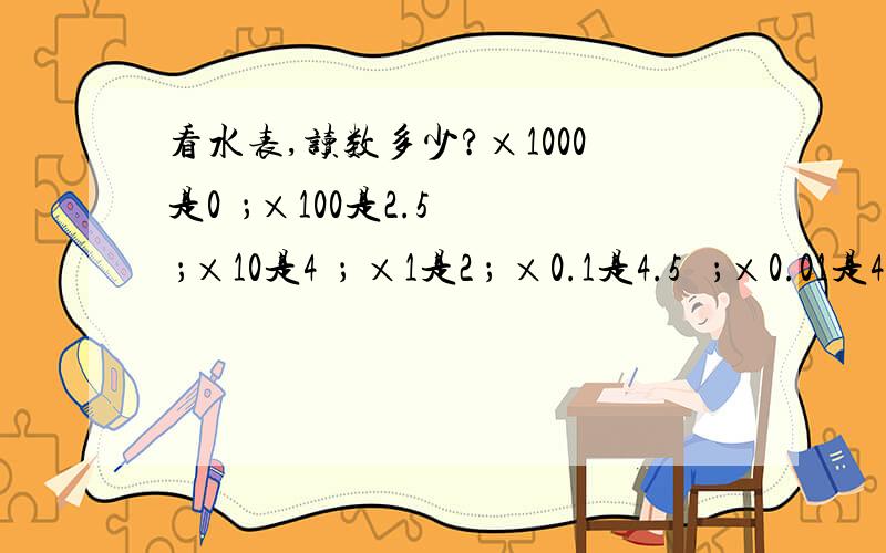 看水表,读数多少?×1000是0  ；×100是2.5  ；×10是4  ； ×1是2 ； ×0.1是4.5   ；×0.01是4；  ×0.001是5；读数多少?帮帮忙,要快点怎么算?