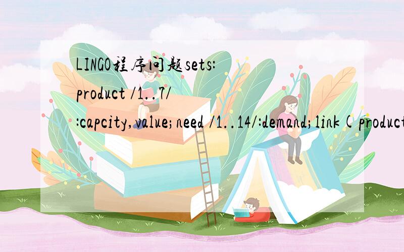 LINGO程序问题sets:product /1..7/:capcity,value;need /1..14/:demand;link(product,need):cost,number;endsetsmin=@sum(link:cost*number)+@sum(product(i):value(i)*@sum(need(j):number(i,j));@for(link(i,j):@sum(link(i,j):number(i,j)=5171));@for(product(1