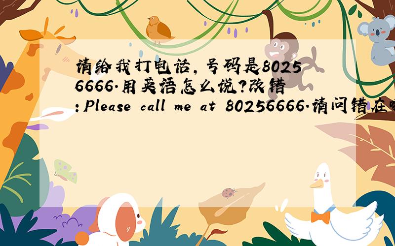 请给我打电话,号码是80256666.用英语怎么说?改错：Please call me at 80256666.请问错在哪里?